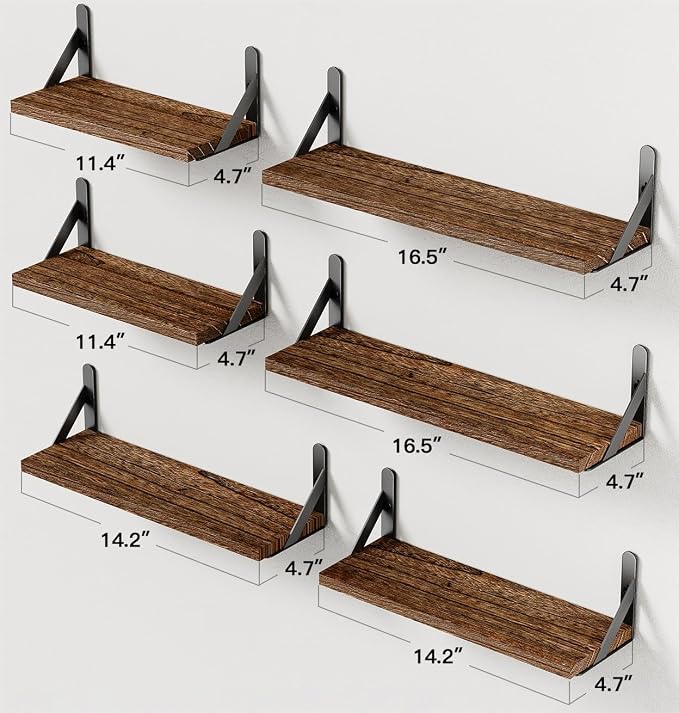 Amada Solid Paulownia Wood Wall Shelves, Medium Size, 6 Pcs, Brown - Image 3