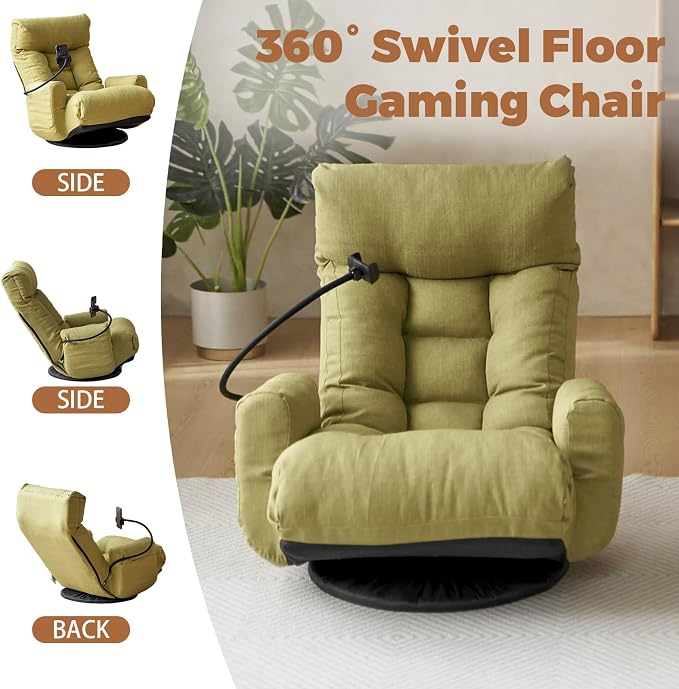 360° Swivel Floor Green Gaming Chair Linen Folding Lounge Sofa Chair with Adjustable Head and Waist, Armrests & Phone Holder, Padded Cushion Leisure Chairs for Living Room Bedroom - Image 7