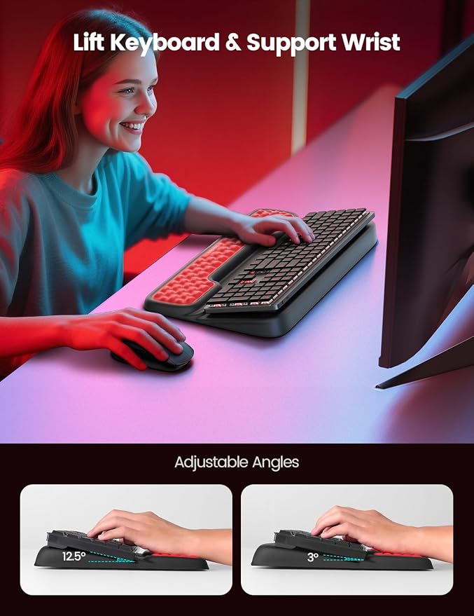 Vaydeer Keyboard Stand with Wrist Rest, Gaming Wrist Support Pad, Ergonomic Hand Rest Arm Memory Foam for Palm Typing Comfort, Keyboard Riser Holder Lifter Computer Desk Accessory Office Home-Black - Image 4