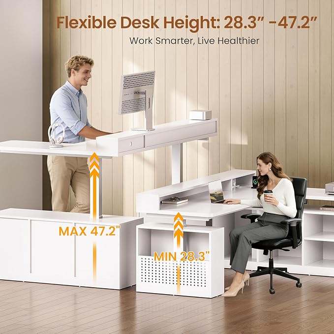 SEDETA L Shaped Electric Corner Standing Desk with Storage, Monitor Stand | 63 inch Height Adjustable Computer Desk with Shelves, Corner Gaming Desk with LED Lights, Power Outlet for Home Office, White - Image 3