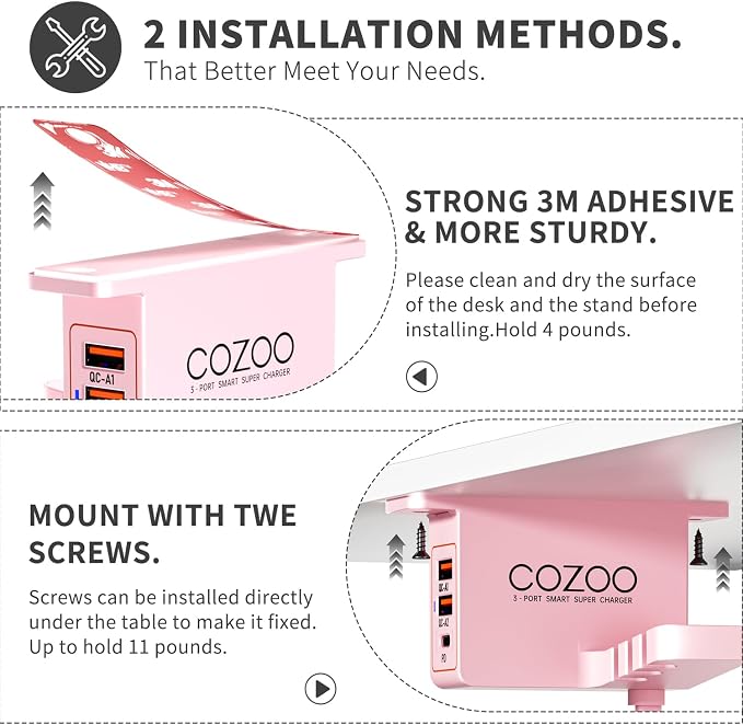 cozoo Desk Headphone Holder Hook Headset Watch Cable Bag Storage Pink | 2 USB-A & 1 Type-C Ports; Holds Headphones,Watches, Cables, Various Bags,Multifunctional Desk Storage Hook for Gaming Office - Image 4