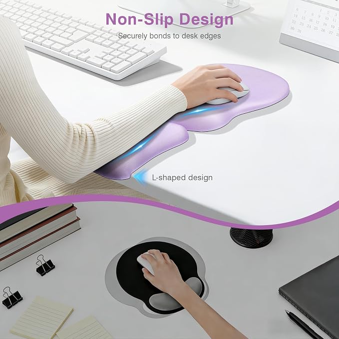 Ospelelf Mouse Pad with Wrist Rest Set Foam L-Shaped Desk Elbow Pad Ergonomic Desk Edge Cushion Anti-Slip Rubber Bottom Office Women Desk Accessories for Computer, Laptop and Gaming, Purple - Image 5