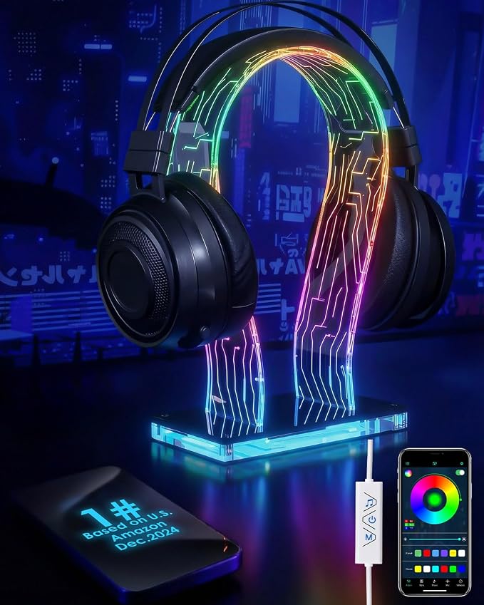 OAPRIRE Acrylic RGB Headphone Stand for Desk with Many Light Modes & Colors | Customizable 213 Lighting Modes & 60,000 Colors, with 4.8ft USB Power Cable, Universal, Sturdy, Gifts for Gamers Men by OAPRIRE