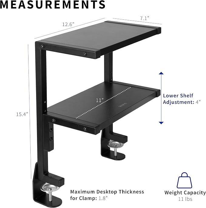 VIVO Black Clamp-on 13 inch 2-Tier Desk Shelf, STAND-SHELF2C - Image 3