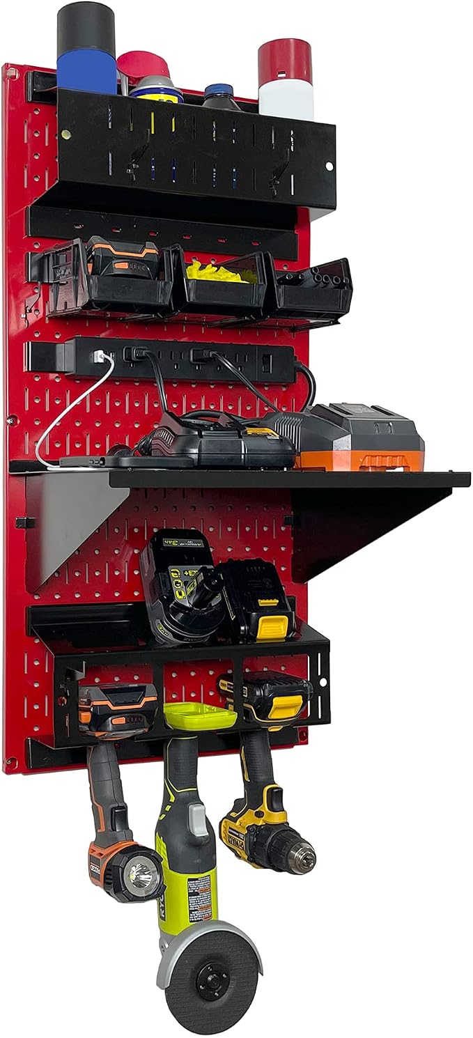 Wall Control Power Tool Storage Organizer Kit Cordless Drill Holder Charging Station Rack 16” x 32” Metal Pegboard Organization System (Red Pegboard) - Image 3