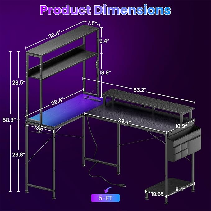 HMLANQI 53 Inch L-Shaped Gaming Desk with Power Outlets for Home Office - Image 3