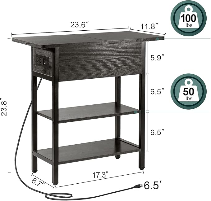 Yoobure End Table with Charging Station, Flip Top Side Table with USB Ports and Outlets, Sofa Couch Table Bedside Table for Living Room Bedroom, Narrow Nightstand with Storage Shelves for Small Space - Image 3