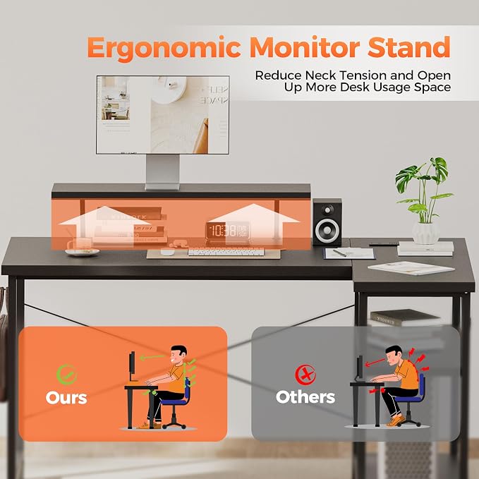 Mericonia 40 in Corner Desk with Monitor Stand, Small L Shaped Gaming Desk | Reversible Computer Desk with Power Outlets, LED Light & Storage Shelves, Office Table for Home Bedroom Study Work Writing - Image 4