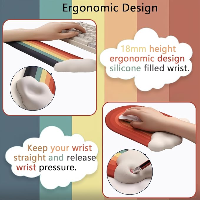 Cute Rainbow Mouse Pad with Wrist Rest for Mouse Pad Gel Cloud Keyboard Wrist Rest PU Base Silicone Ergonomic White Cloud Mouse Wrist Pad Support for Gaming Desk Laptop Home Office - Image 3