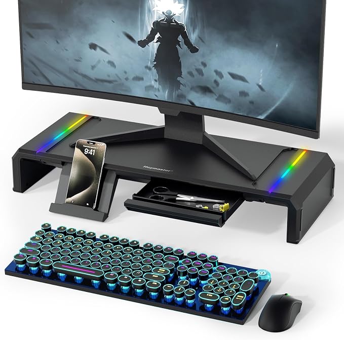 Heymaster Monitor Stand for Desk, Gaming Monitor Riser with RGB Light, Foldable Computer Monitor Stand Riser, Desk Organizers and Accessories for Desktop, Printer (Black) by Heymaster