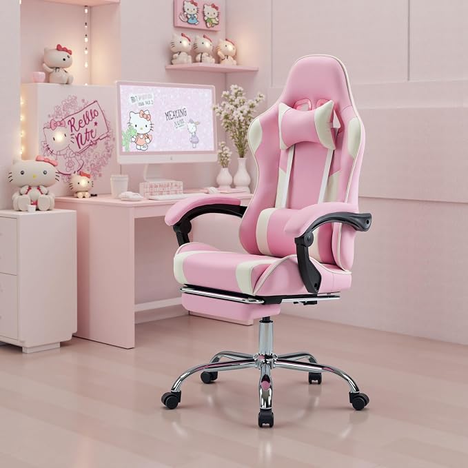 DUMOS Ergonomic Gaming Chair with Footrest, Home Office Desk Chair | PU Leather, Headrest, Linkage Armrests, Height Adjustable, 360 Swivel Reclining, Pink White - Image 2