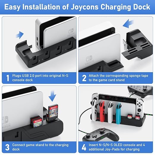 Switch Game Storage with Controller Charger for Nintendo Switch & OLED Model, Switch Charging Dock Charges 6 Joycons, Switch Gaming Accessories Holder for Desk, Switch Game Gift Card Organizer (Black) - Image 8