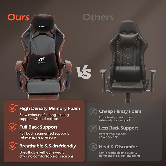 Ergonomic Gaming Chair for Adults with Footrest - PU Leather Computer Gamer Chair with Memory Foam Headrest & Lumbar Pillow, Reclining Silla Gamer Video Game Chair for Home Office, Black & Grey - Image 5
