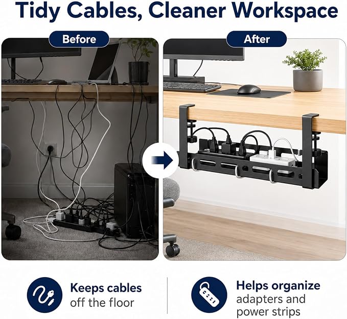 Under Desk Cable Management Tray, 15.75" No Drill Clamp-On Metal Cable Tray for Power Strip, Compact Under Desk Cord Organizer and Wire Management Holder for Office, Gaming Desk, Standing Desk - Image 3