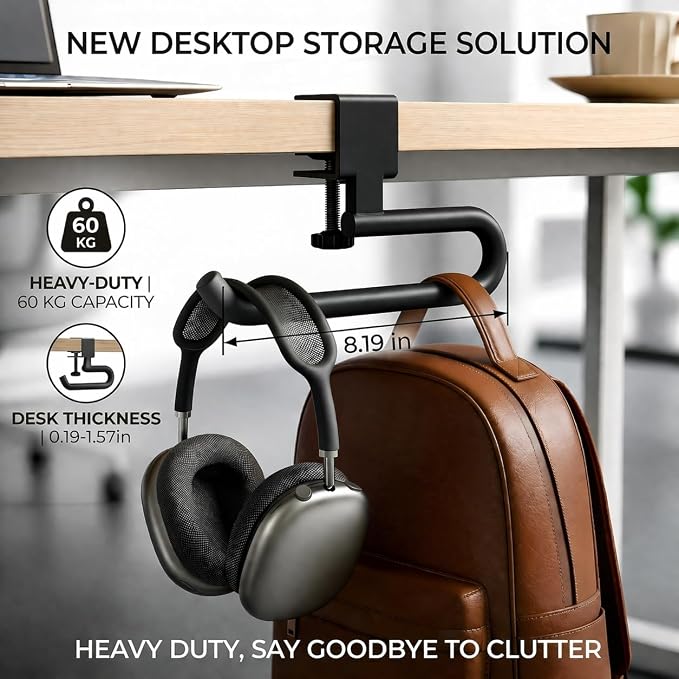 60 lb. Desk Bag Hanger, Purse Hook for Desk, Backpack Hanger for Office Use - Image 2