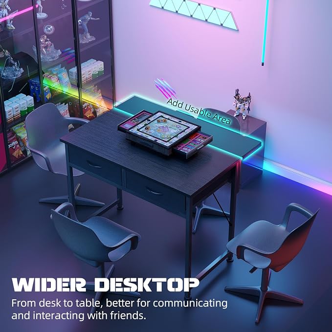 MUTUN Small Desk with Drawers, 31 Inch Computer Desk with Power Outlet & LED Light, Gaming Desk with Adjustable Monitor Stand & Pegboard, Modern PC Study Writing Table for Bedroom, Black - Image 6