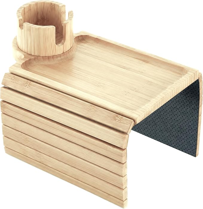 OMEO Couch Cup Holder Tray, 3 in 1 Couch Arm Trays – Large Bamboo Chair Arm Rest Tray with 360° Cup Holder | Removable Anti-Slip Organizer for Snack Eating by OMEO