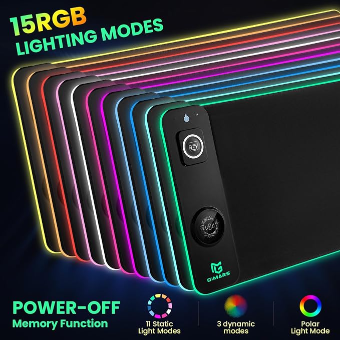Gimars Upgrade 3 in 1 RGB Mouse Pad with 15W Magnetic Fast Wireless Charging, 31.5x11.8x0.16in Gaming Mousepad, 15 Color Modes, Waterproof Non-Slip XXL Desk Mat with Smooth Surface for Home Office PC - Image 3