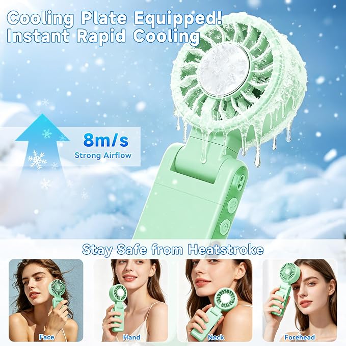 Handheld Portable Turbo Fan with Ice Cooling,5 Speed Rechargeable LED Display Foldable Hand Held Personal Clip/Neck/Waist Fan,180°& 360° Adjustable,Pocket Mini Fan for Outdoor/Home/Office (Green) - Image 2