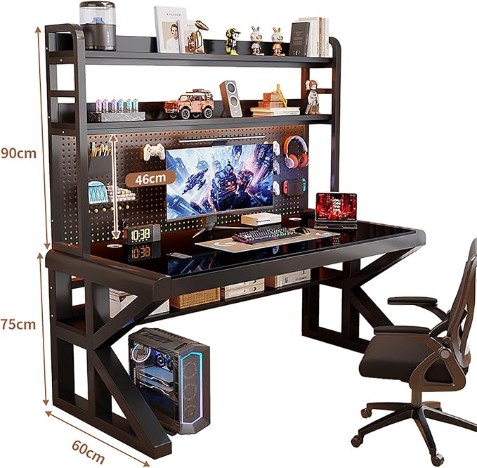 Gaming Desk with Pegboard and Storage Shelves,Tempered Glass Computer Desk Workspace,Modern Writing Study Table Gaming Table with Metal Frame for Home Office(100x60x165cm(39x24x65inch), C) - Image 2
