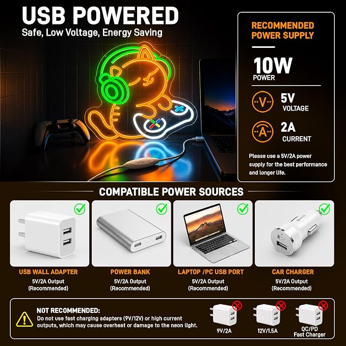 Cat Gaming Neon Sign for Wall Decor, Cute Gamer Cat LED Neon Light with Headphones & Game Controller, USB Powered Dimmable Gaming Room Neon Sign for Bedroom Desk Setup Man Cave Decor - Image 4