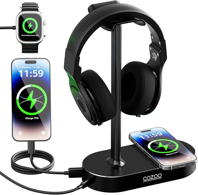 COZOO Headphone Stand with Fast Wireless Charging Pad and 2 USB Charging Ports, Suitable for Gaming, DJ, Wireless Earphone Accessories by COZOO
