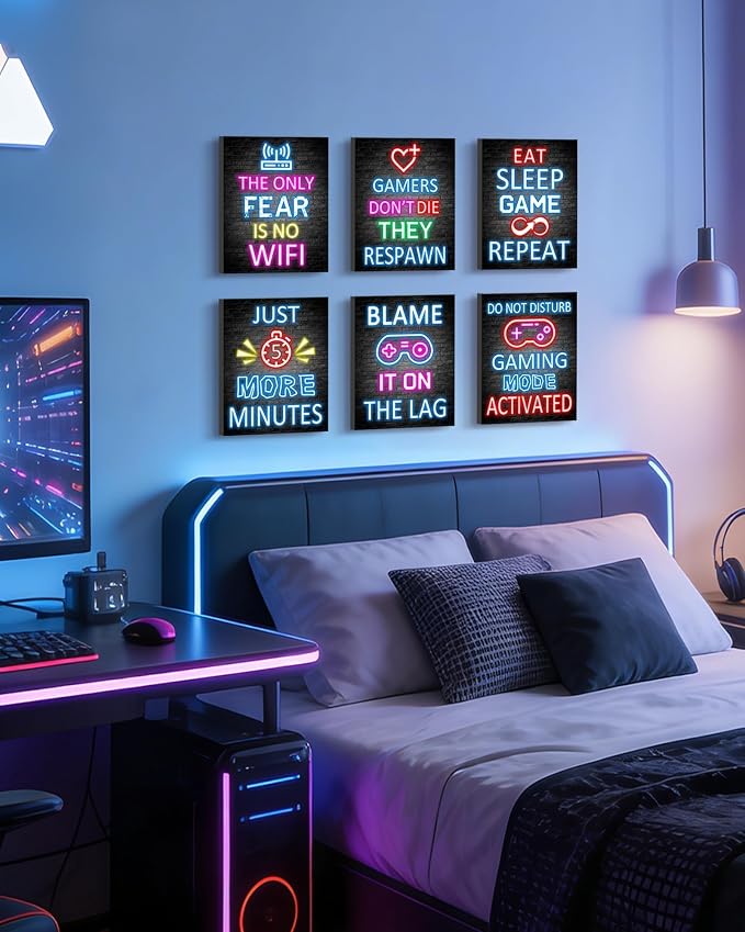 KUVIOKE Video Gamer Room Neon Decor for Teen Boys Gaming Wall Art Gamer Signs Teenage Bedroom Decor Set of 6, 8x10in (Framed) by KUVIOKE