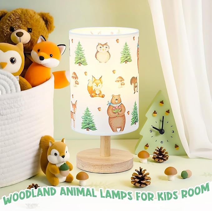 Woodland Animals Table Lamp - Woodland Kids Bedside Lamp with Linen Wooden Nightstand Cartoon Nursery Lampshade for Kids Room Decor - Image 5