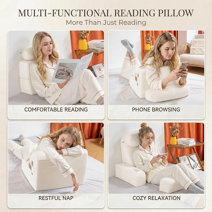 Reading Pillow for Adults, Back Pillow for Bed Sitting Up, Backrest Pillow for Sitting in Bed, Detachable Arms with Built-in Cup & Phone Caddy (Beige-Corduroy, 19 INCH) - Image 7