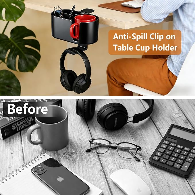 4 in 1 Desk Cup Holder, Clamp On Drink Holder with Headphone Hanger - Image 5