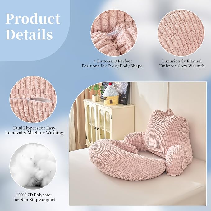 17" Reading Pillow for Bed,U Shaped Arm & Elbow Support,Pink Corduroy | Backrest Supports Back,U Shaped Lap Pillow Cushions Arms,Elbows & Wrists,Ribbed Corduroy for Reading,Gaming,Watching TV - Image 6