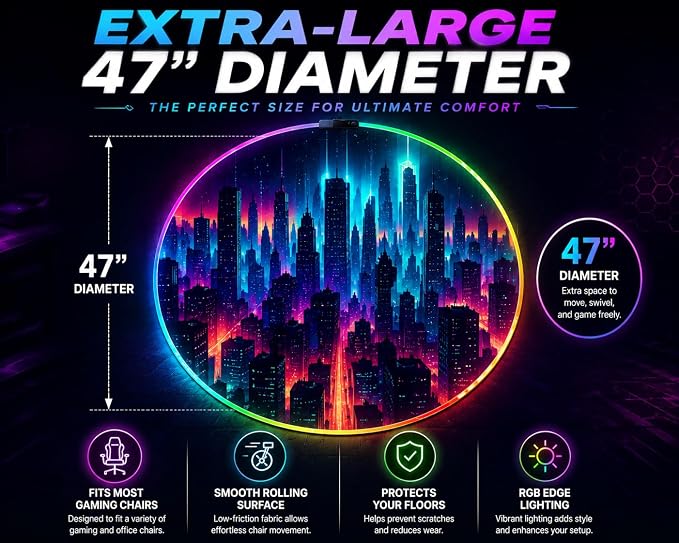 Gaming Chair Mat for Hardwood Floor Circle RGB Gaming Lights (Future City 47”) - Noise Cancelling, Anti-Slip Gamer Floor Mat – Scratch Resistant Computer Gaming Mat for Chair - Image 6