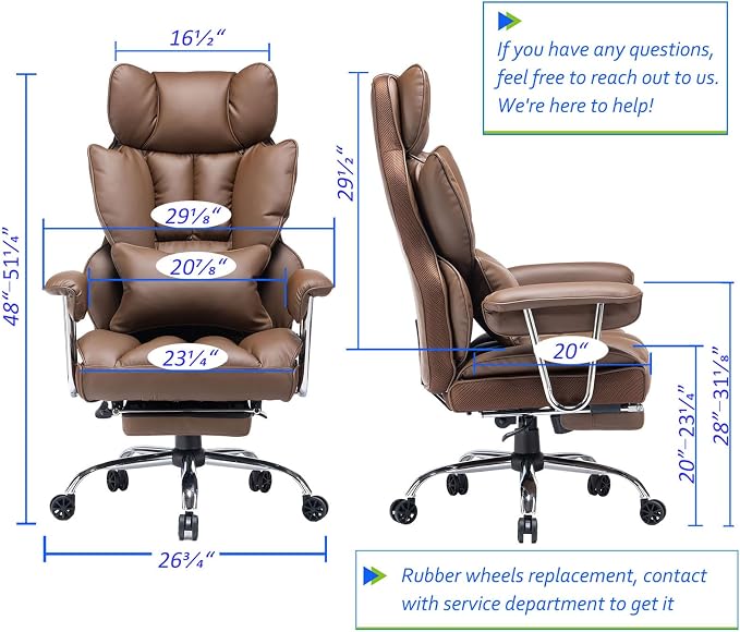 Efomao Big and Tall Office Chair 400lbs – PU Leather Executive Office Chair with Lumbar Support & Leg Rest, Heavy-Duty Computer Chair for Home Office, Brown | 400lbs support, 135° recline, dual-layer foam cushion, 23.5" seat & footrest. BIFMA - Image 2