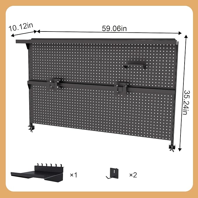 Metal Pegboard Desk Organizer with Dual Monitor Stand, 59x35 Inch Clamp-On Privacy Panel, Carbon Steel Gaming Desk Wall Organizer with 3 Accessories, Black Office Desk Storage System - Image 2