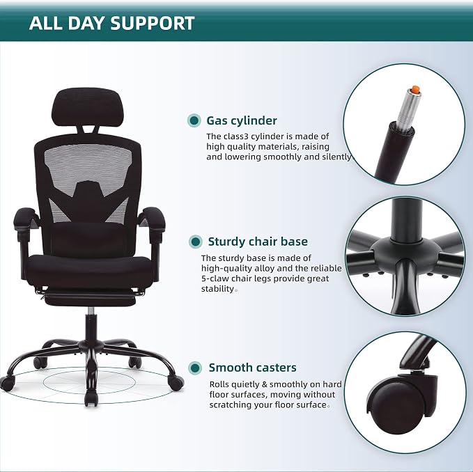 DUMOS Home Office Desk Chair, Gaming Chair with Footrest | High-Back Mesh, 360° Rolling Swivel Wheels, Comfortable Headrest, Lumbar Support, Student, Inky - Image 7