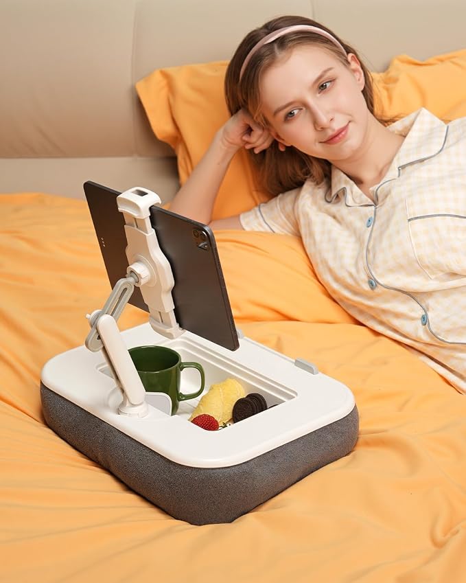 Viozon Kindle Pillow Stand Holder, Phone Holder for Bed, Laptop Lap Desk with Mouse Pad,Compatible with 4.7-13" Kindle/Tablet/Phone,10-15" Laptop, Snack Bowl&Cup Attachment&Detachable 360°Stand Arm - Image 8