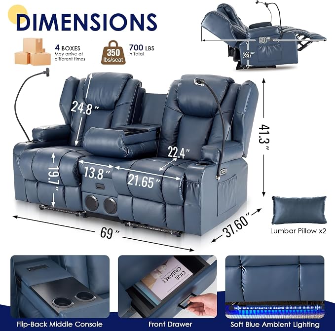 Redlife Power Loveseat Recliner Sofa with Console, Blue LED Lights - Image 3