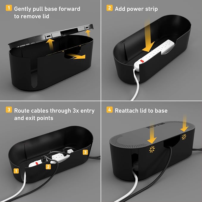 D-Line Cable Management Box, Power Strip Cover, Floor Outlet Hider, Desk Cord Organizer, Hide Extension Leads, 12.75" (L) x 5" (W) x 4.5" (H), for use with Power Strips up to 10.5in (L) - Small, Black - Image 9