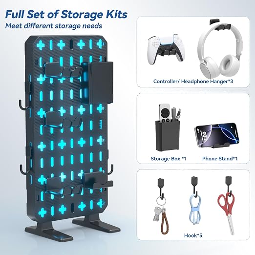 KDD 6 in 1 RGB Gaming Desk Accessories - No Drill Desk Organizer with Phone Stand/Storage Box/Headset & Controller Holder/Hooks, Freestanding Gaming Pegboard for Office & Home Desktop Decor Organizer - Image 3