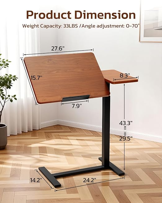 Simple Deluxe Standing Rolling Desk with Hidden Casters, Height Adjustable Pneumatic Mobile Laptop Desk, Tilting Bedside Table for Laptop, Overbed Bedside Table Hospital Home Use, Brown - Image 3