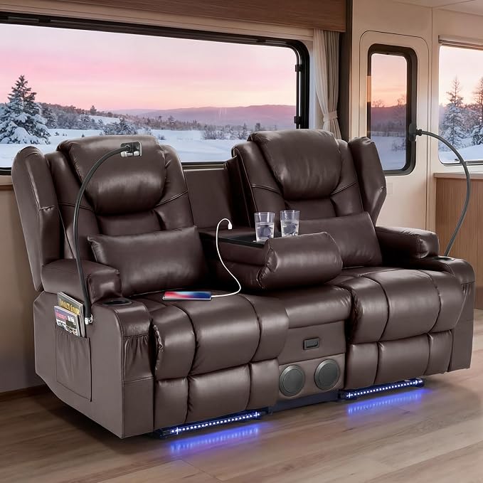 Redlife Power Loveseat Recliner Sofa with Console, Blue LED Lights - Image 2