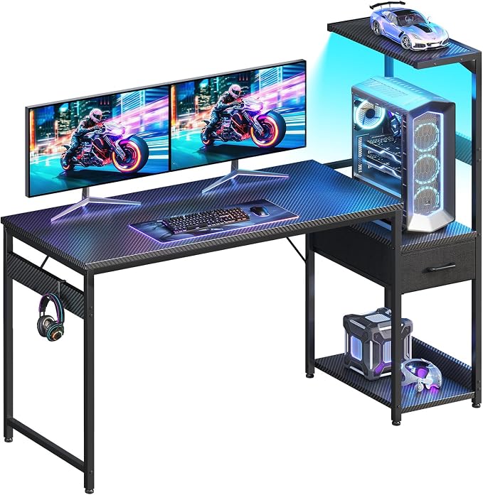 Casaottima 54'' Gaming Desk with LED Lights & CPU Stand, Reversible Computer Desk with Storage Shelves & Fabric Drawer, Modern PC Gamer Table with Headphone Hook, Carbon Fiber Black by Casaottima
