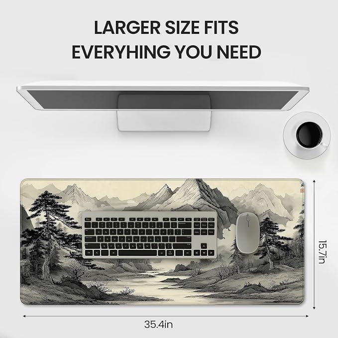 35.4 x 15.7 Inches Chinese Ink Painting Mountain Landscape Gaming Mouse Pad, XXLExtended Desk Mat with Non-Slip Rubber Base - Image 6