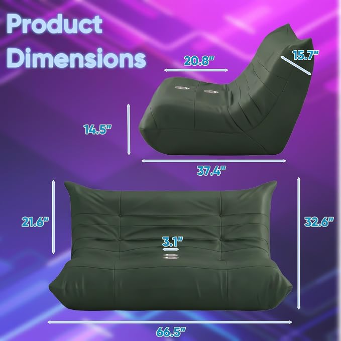 Homall Floor Gaming Chair Boneless Loveseat Couch, Ergonomic Floor Sofa Couch with Cup Holders, Leather Lazy Floor Lounger for Gaming, Reading, Relaxing, Watching TV (Olive Green) - Image 2