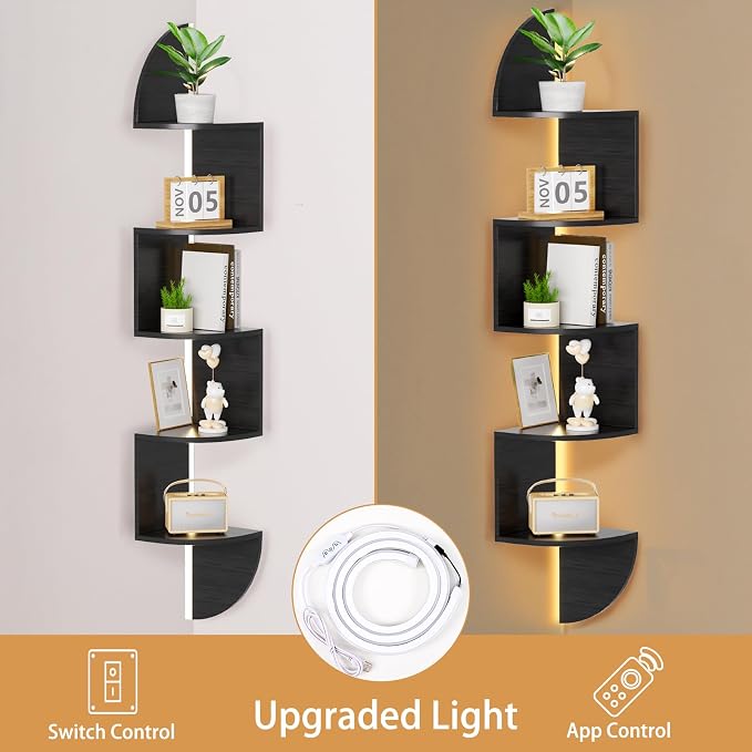 Waipfaru Corner Shelf, 5 Tier Bookshelf with LED Light, Corner Shelf Wall Mounted, Floating Shelves for Wall, Display Stand for Bedroom, Living Room, Bathroom, Home, Office, Black - Image 4