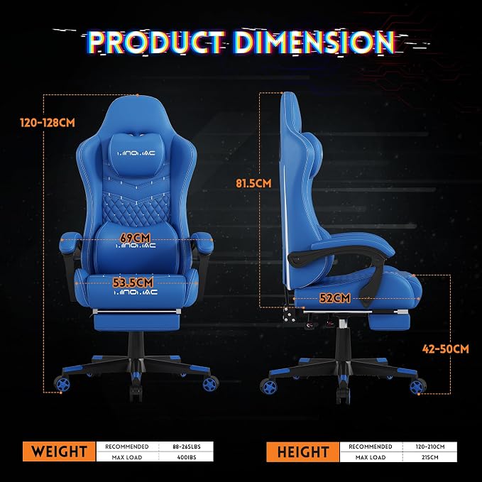Gaming Chair,Big and Tall Gaming Chair 400lbs Office Chair with Footrest, 90-155° Recline & Removable Headrest Lumbar Support[Spring + 4D Sponge](Blue) - Image 3