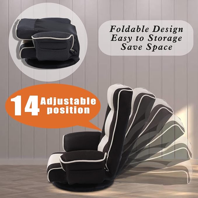 360° Swivel Floor Chair with Armrests, 14-Position Adjustable Floor Lounger for Adults, Foldable Reclining Chair for Living Room & Bedroom - Image 3