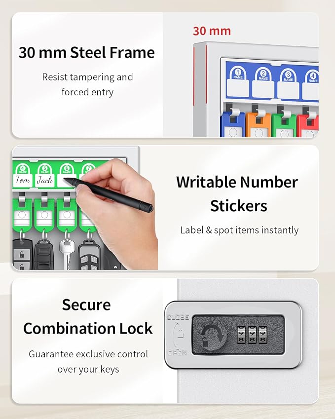 Uniclife Key Lock Box, Wall Mount Key Box, Car Key Organizer with Writable Key Racks and Tags, 32-Key Combo Lock, White, Security Key Holder Storage Box for Office, Company - Image 4