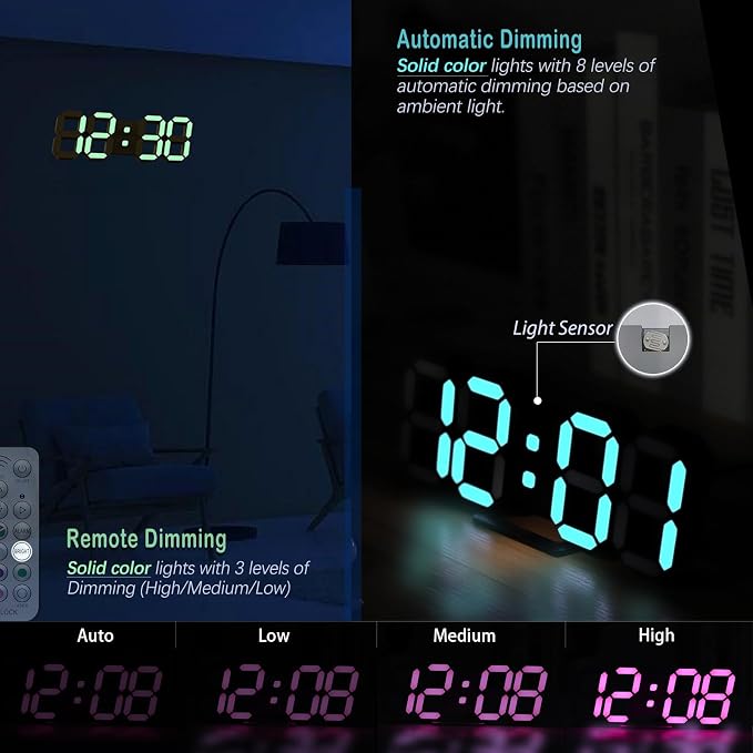 KOSUMOSU LED Digital Clock Neon Clock 9.7" Black Gaming Clock RGB LED Wall Clock for Living Room Desk Clock Large Display Clock for Bedroom, Black Clock with Dimming - Image 4