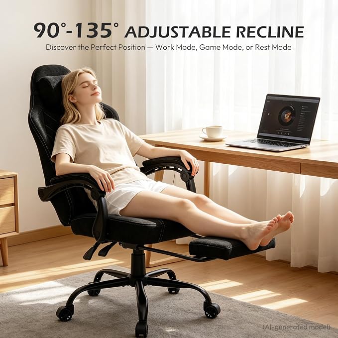 Ergonomic Gaming Chair for Adults - Comfortable Office Computer Chair with 20.5” Wide Seat, Adjustable Video Game Chair with Footrest and Lumbar Support for Home Office, Black - Image 4